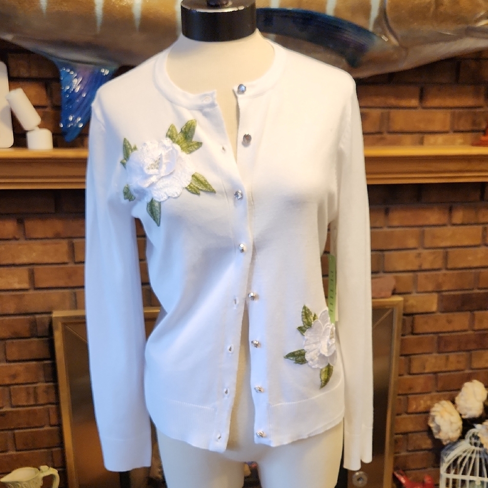 Allison + Zoe White Floral Embroidered Women's Cardigan Size Petite Large NWT